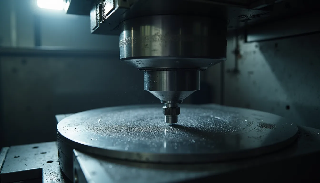 High angle view of CNC lathe machine shaping metal component
