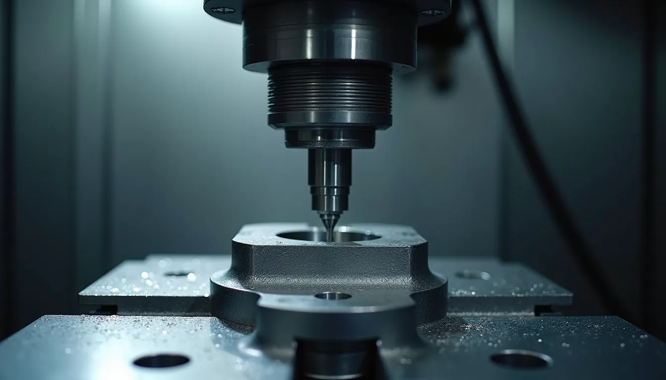 Eye-level view of CNC lathe machine shaping a metal automotive part