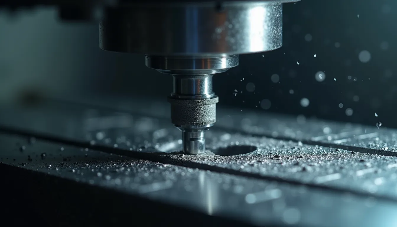 Close-up view of CNC lathe machine shaping a metal part