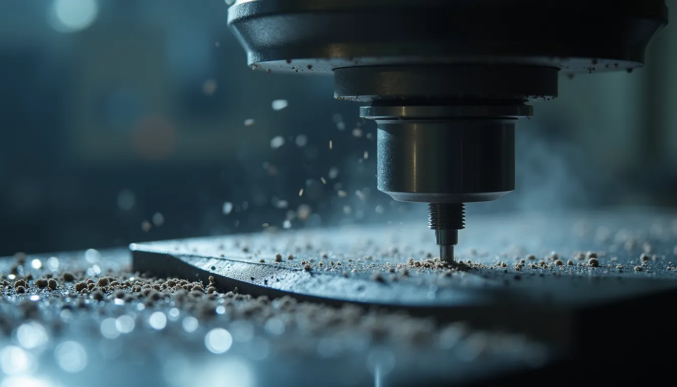 Close-up view of CNC milling machine cutting metal part