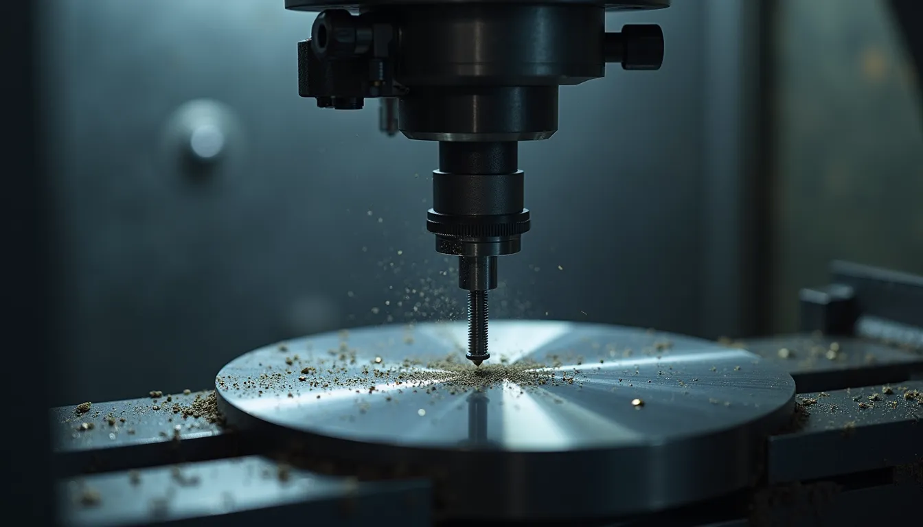 Eye-level view of a CNC lathe machine shaping a metal component
