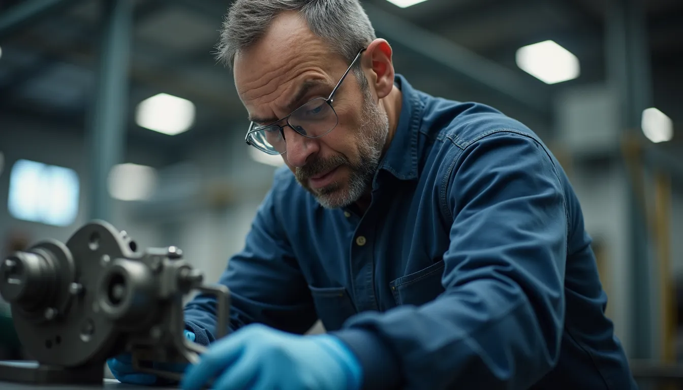 High angle view of a quality control inspector examining a machined metal part