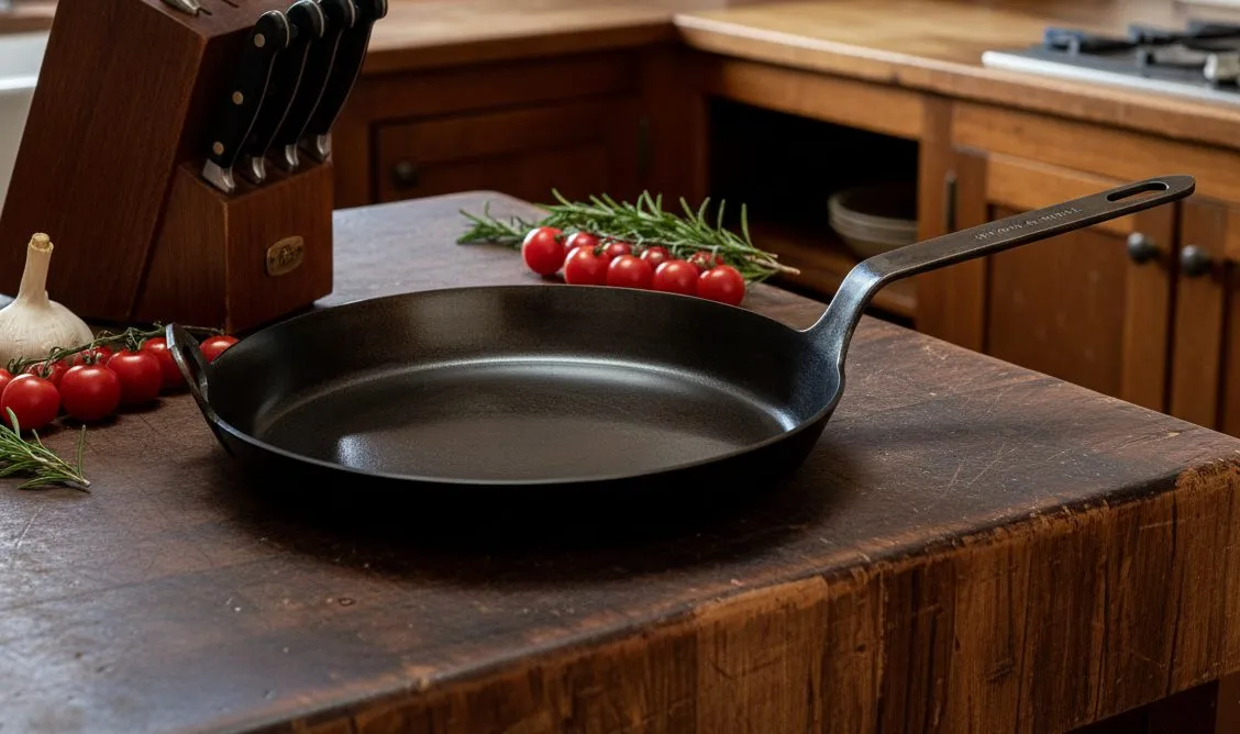 A Brass & Steel carbon steel pan on a wooden kitchen counter