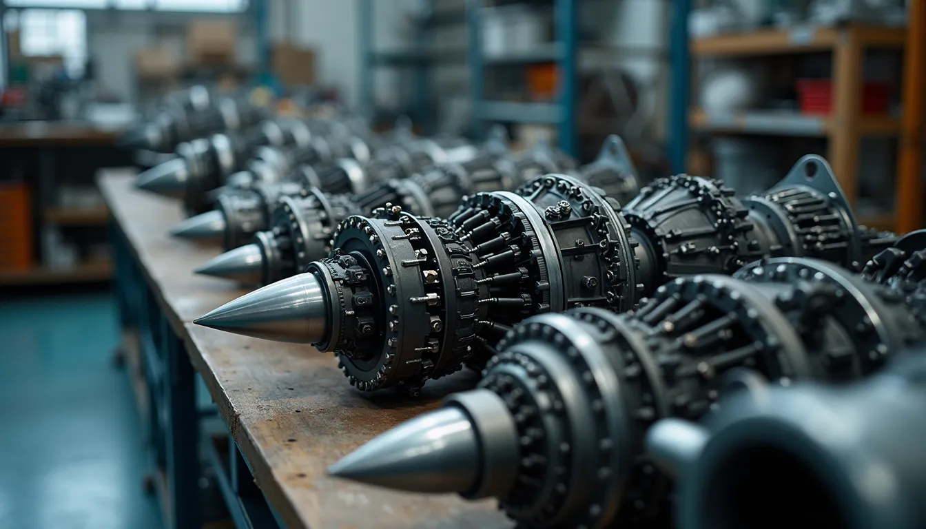 High angle view of aerospace engine components arranged on a workbench